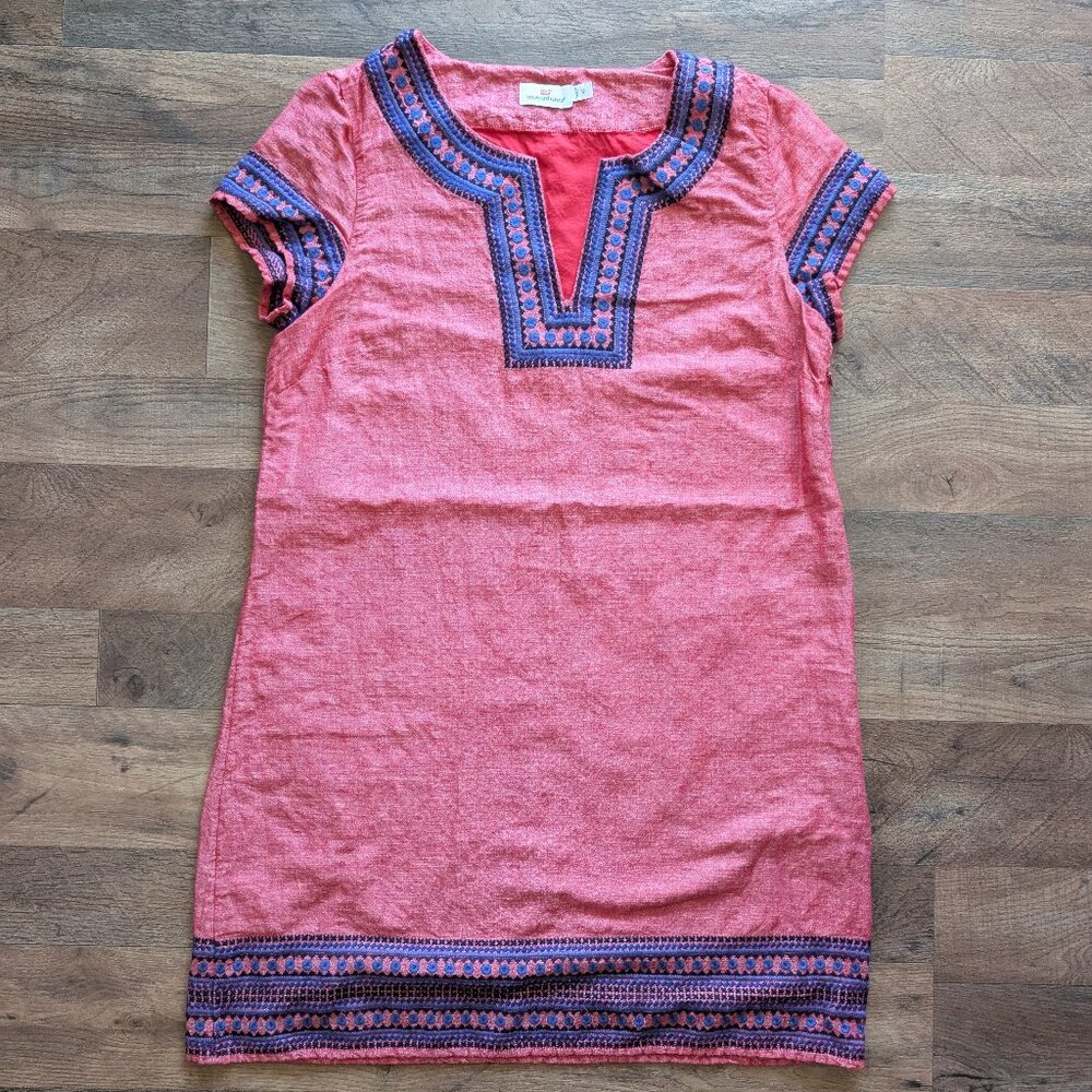 Vineyard Vines Embellished Red w/ Blue Embroidery Linen Cotton Blend Tunic Dress